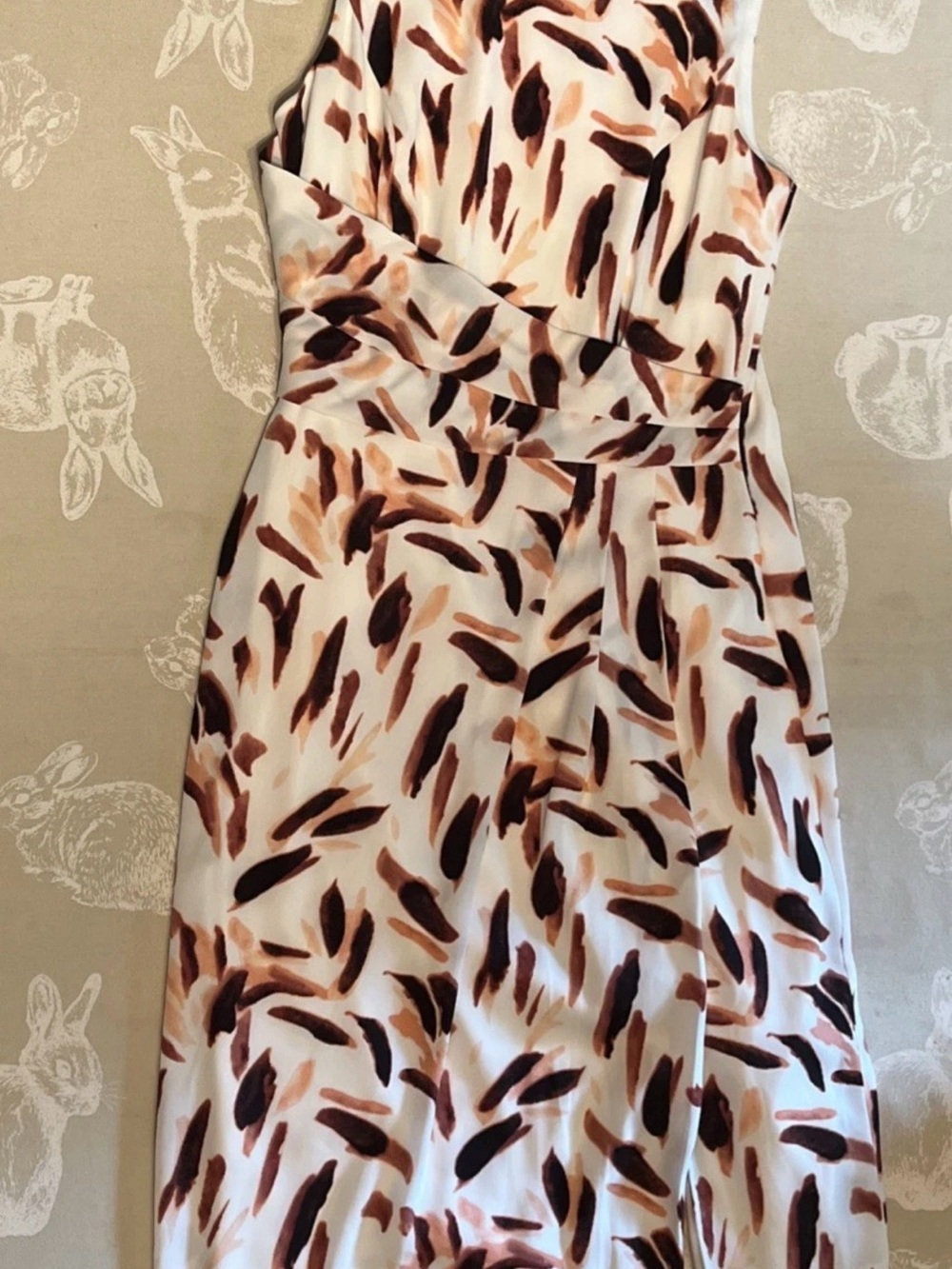 White House Black Market Sleeveless White Dress with Brown Brushstroke Print